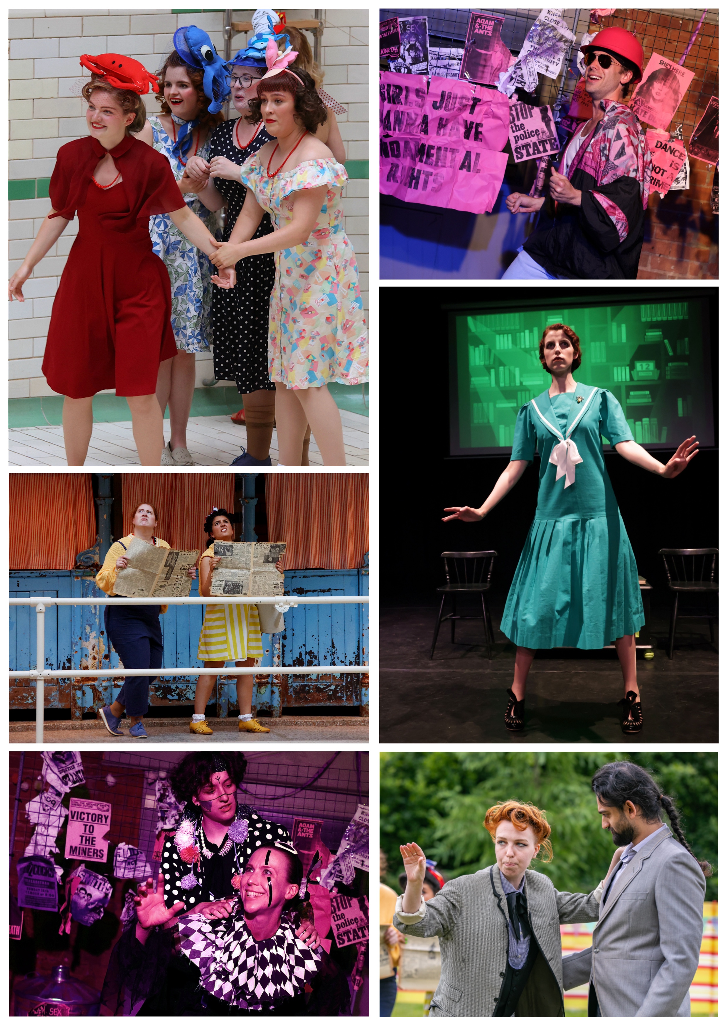 A montage of production photographs from various Time & Again productions featuring actors in vibrants costumes from the 1920s through to the 1980s.